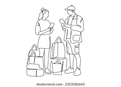 one line continuous line
Male employees deliver packages via mobile phone screens, smartphones to female customers. delivery business ideas: buy online
illustration vector hand drawn