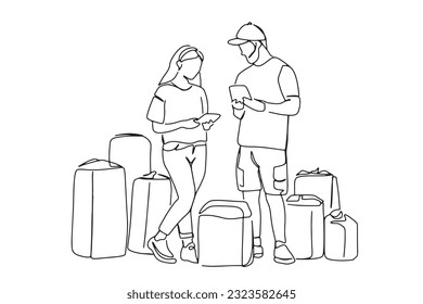 one line continuous line
Male employees deliver packages via mobile phone screens, smartphones to female customers. delivery business ideas: buy online
illustration vector hand drawn