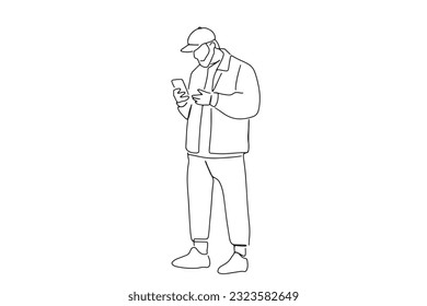 one line continuous line
Male employees deliver packages via mobile phone screens, smartphones to female customers. delivery business ideas: buy online
illustration vector hand drawn