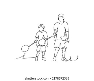 One line continuous of man educating small children to play badminton. Minimalist style vector illustration in white background.