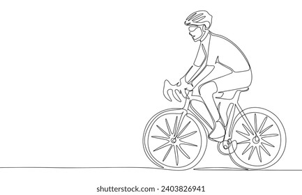 One line continuous man on bicycle. Line art man on bicycle outline. Hand drawn vector art.