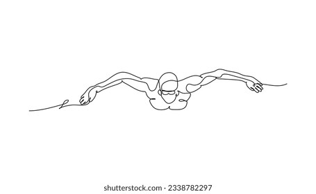 One line continuous of a man swimming. Minimalist style vector illustration in white background.