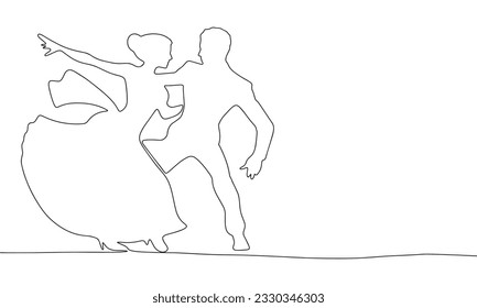 Una línea contínua hombre y mujer están bailando. Banner de concepto de danza latina en línea de arte estilo dibujo a mano. Ilustración del vector de contorno.