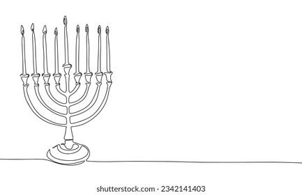 One line continuous menorah. Line art of Hanukkah concept banner. Outline vector illustration.