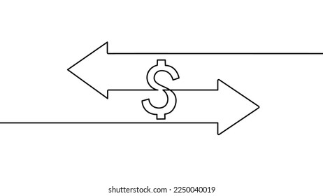 Un concepto de símbolo de flechas de intercambio continuo de dinero en una línea. Financiar el sistema financiero bancario en línea. Ilustración vectorial de puntero de moneda digital