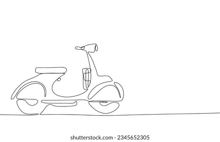 One line continuous moped, scooter. Line art transport banner concept. Hand drawn, outline vector illustration.