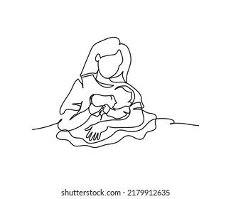 One line continuous of a mother gives milk to her baby using a pacifier. Minimalist style vector illustration in white background.