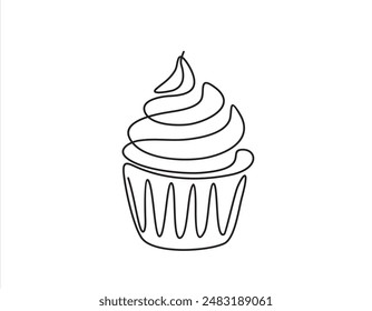 One line continuous muffin cupcake vector drawing. Hand drawn linear silhouette icon. Minimal illustration, design element for print, banner, card, wall art poster, brochure, postcard