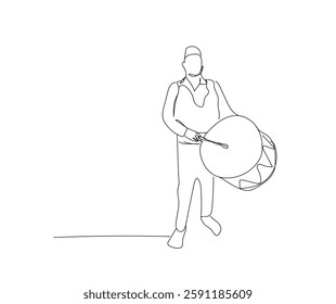 One line continuous Muslim drum for Ramadan. Drum music instrument.  Line art, outline, single line silhouette. Hand drawn vector illustration. Hand made vector not AI.