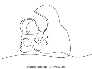 one line continuous line of muslim woman holding baby