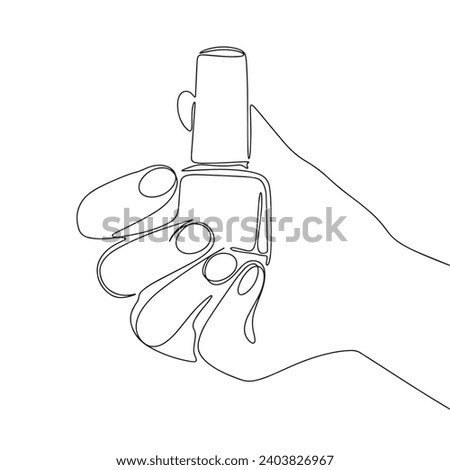 One line continuous nail polish in hand. Line art nail polish in hand outline. Hand drawn vector art.