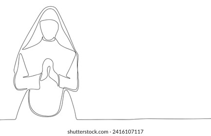 One line continuous nun. Line art nun isolated on white background. Hand drawn vector art.