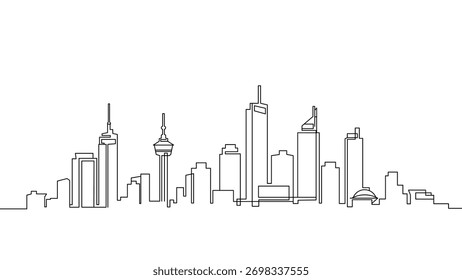 Arte vectorial de edificios de oficinas continuos de una línea, ilustración de Anuncio de  inmobiliario de horizonte comercial minimalista.