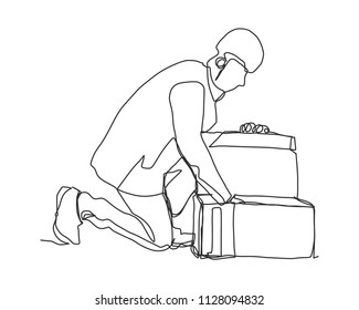one line continuous painted delivery man pick up the box for transport service