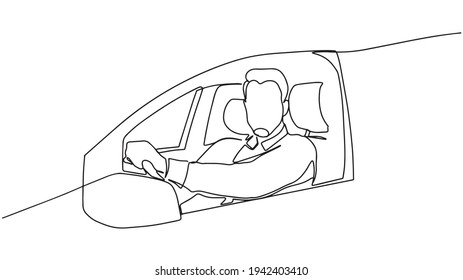 one line continuous painted man driving car drawn by hand silhouette picture  Line art  illustration man driving car  Concept Safety the road 