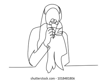 one line continuous painted Muslim woman eating an ice cream painted by hand silhouette picture. Line art. character woman in hijab eating ice cream