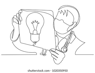 one line continuous painted woman with a light bulb, a man with a light bulb, a doctor with a lightbulb painted by hand picture silhouette. Line art. character woman male doctor