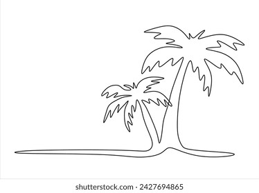One line continuous palm tree. Concept minimal travel banner. Line art, silhouette, outline, vector illustration.	