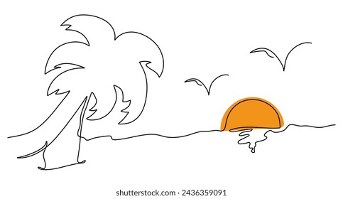 One line continuous palm tree on the island with beautiful color sun sunset. Vector sketch nature illustration.