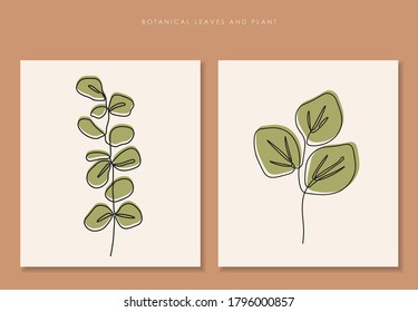 One line continuous of plant set, single line drawing art, tropical leaves, botanical plant isolated, simple art design, abstract line outline, vector for frame, fashion design, packaging