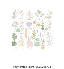 One line continuous of plant set, single line drawing art, tropical leaves, botanical plant isolated, simple art design, abstract line outline. Minimalist art with green, pink colours. 