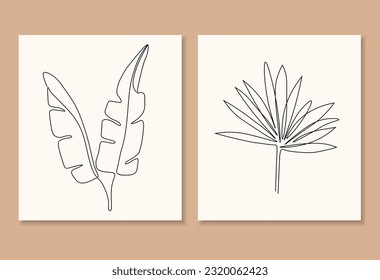 One line continuous of plant set, single line drawing art, tropical leaves, botanical plant isolated, simple art design, abstract line outline, vector for frame, fashion design, packaging