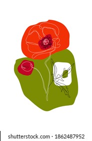 One Line Continuous Poppy Flower Collage. Minimalist contour continuous drawing. Abstract and simple design for logo, magazines and blogs
