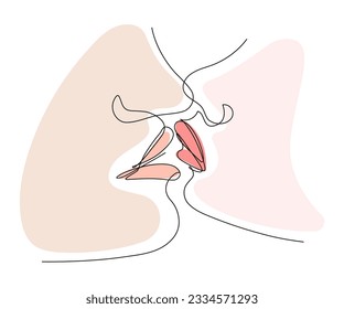 One line continuous portrait of couple man and woman in love kissing. Romantic couple kissing. Minimalist black line sketch isolated on white background. Valentine's Day. First kiss day.