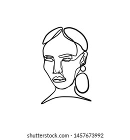 One line continuous portrait of a model girl or woman. Modern minimalism art. Beauty concept. Female face silhouette hand drawn in graphic style. 