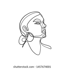 One line continuous portrait of a model girl or woman. Modern minimalism art. Beauty concept. Female face silhouette hand drawn in graphic style. 