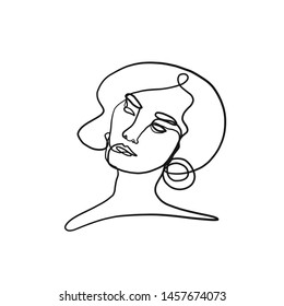 One line continuous portrait of a model girl or woman. Modern minimalism art. Beauty concept. Female face silhouette hand drawn in graphic style. 
