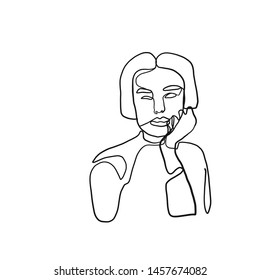 One line continuous portrait of a model girl or woman. Modern minimalism art. Beauty concept. Female face silhouette hand drawn in graphic style. 