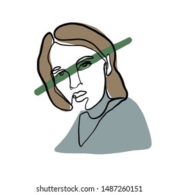 One line continuous portrait of a model girl or woman drawn by black lines with blue, green, brown colors elements . Abstract young female silhouette in trendy modern style. Contemporary art design. 