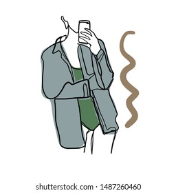 One line continuous portrait of a model girl or woman drawn by black lines with blue, green, brown colors elements . Abstract young female silhouette in trendy modern style. Contemporary art design. 