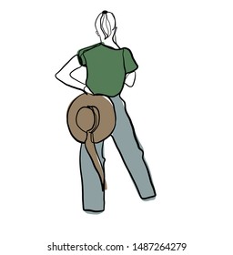 One line continuous portrait of a model girl or woman drawn by black lines with blue, green, brown colors elements . Abstract young female silhouette in trendy modern style. Contemporary art design. 
