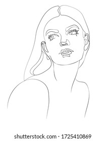 One line continuous portrait of yong woman face, hand drawn in a minimalist, abstract trendy style, flat illustration vector for contemporary Beauty Concept, t-Shirt Print, postcard, poster