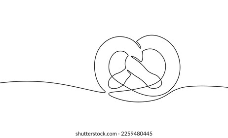 One line continuous pretzel bakery symbol concept. Silhouette bread salty German snack icon. Digital white single line sketch drawing vector illustration