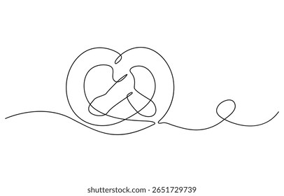 Um conceito de símbolo de padaria de pretzel contínuo de linha. Silhueta pão salgado ícone de lanche alemão. Digital branco linha única esboço desenho vetor ilustração