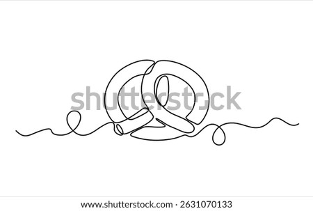 One line continuous pretzel bakery symbol concept. Silhouette bread salty German snack icon. Digital white single line sketch drawing vector illustration. Editable stroke.