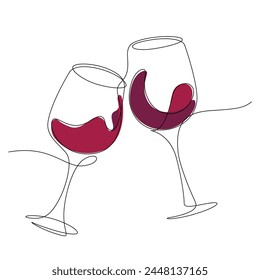 one line continuous of red wine celebratory toast cheers together hand drawn vector illustration
