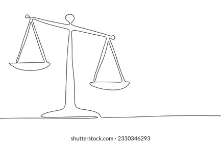 One line continuous scales. Justice concept banner in line art hand drawing style. Outline vector illustration.