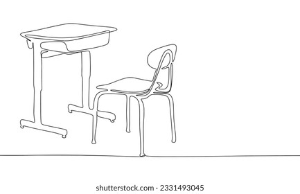 One line continuous school table and chair. Concept minimal education banner. Line art, silhouette, outline, vector illustration.