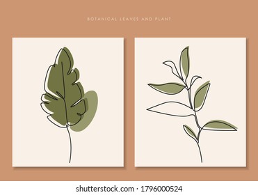 One line continuous set of plants. Botanical single line tropical plant with leaves, isolated art drawing.  Simple abstract line art design vector for fashion design, packaging