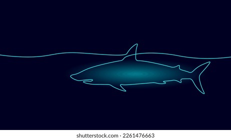 Un concepto de símbolo continuo de ciberseguridad de tiburón en una línea. Silhouette océano mar pez mar ícono de la tecnología agresiva depredadora. Ilustración del dibujo de una sola línea blanca digital