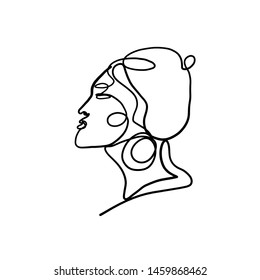 One line continuous silhouette of woman face portrait. Abstract minimalism avatar. Beauty concept. Trendy art. Black and white graphic painting girl. 