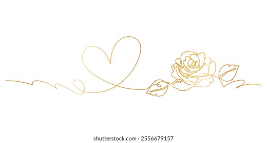 One Line Continuous of a Simple Heart with A Rose and Leaves in Gold Colors. Abstract love background. Perfect for Elegant presentations, invitations, greeting cards, banner, web