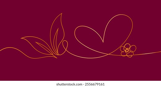 One Line Continuous of a Simple Heart with A Flower and Leaves in Gold Colors. Abstract love background. Perfect for Elegant presentations, invitations, greeting cards, banner, web