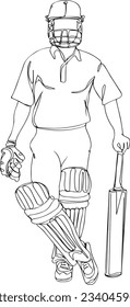 one line continuous sketch drawing cartoon illustration cricket batsman giving standing pose for sports advertisement campaign, cricket star photoshoot