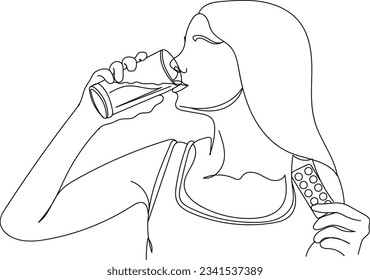 one line continuous sketch drawing cartoon illustration of woman taking medical pills with glass of water