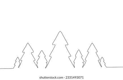 One line continuous spruce or fir tree. Concept minimal Christmas banner. Line art, silhouette, outline, vector illustration.